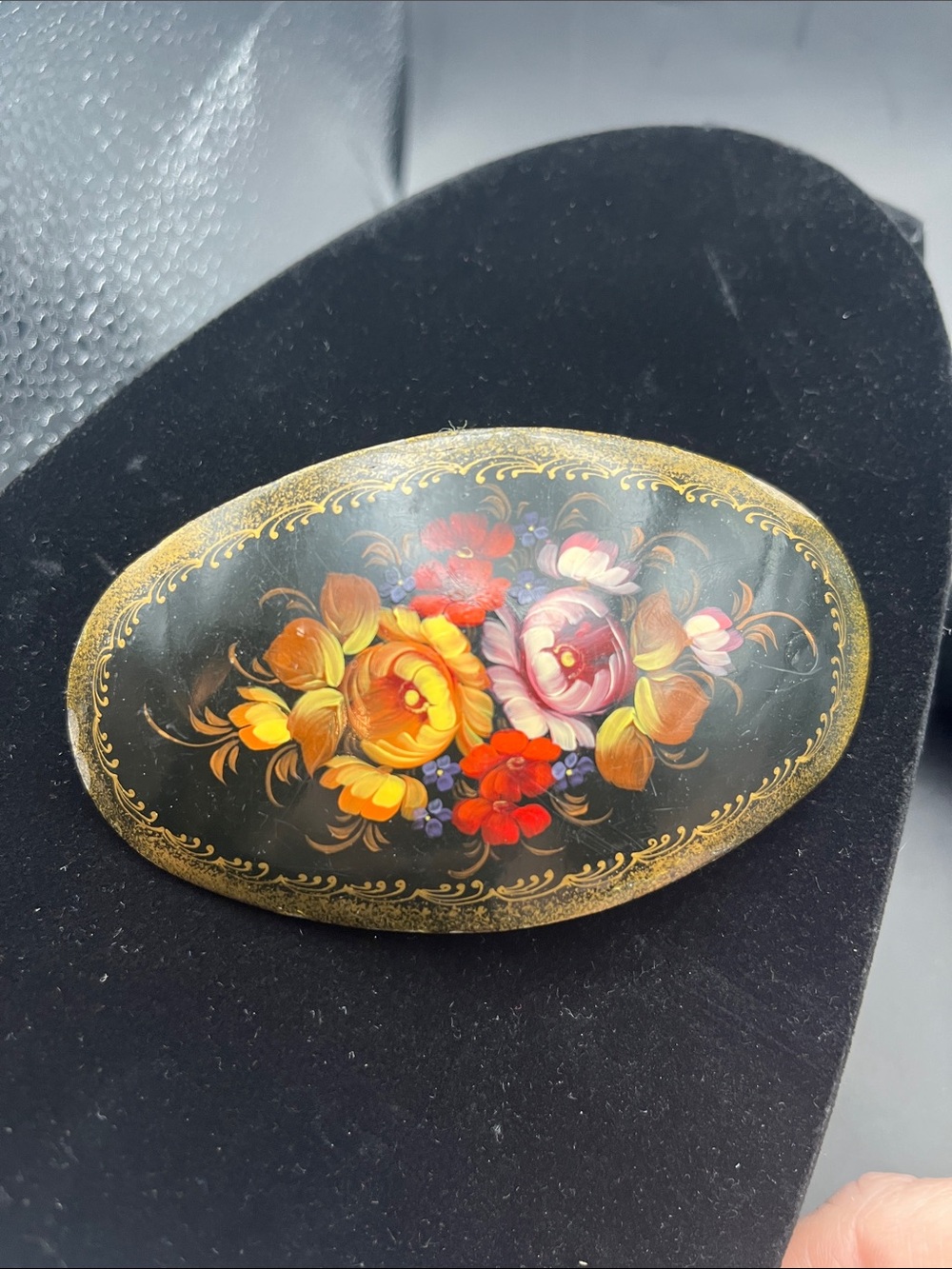 Vtg Hand Painted Floral Russian Black Lacquer hair clip  Signed 4”by 2." Oval